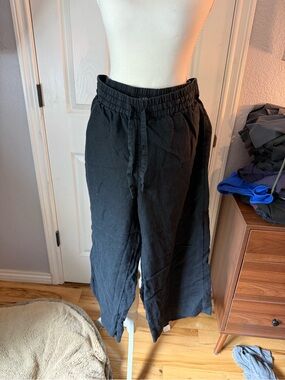J. Crew Black Cropped Wide-Leg Linen-Blend Pants